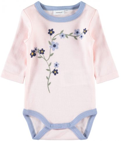 Rosa ullbody til baby – Ull ullbody rosa med blomster til baby – Mio Trend