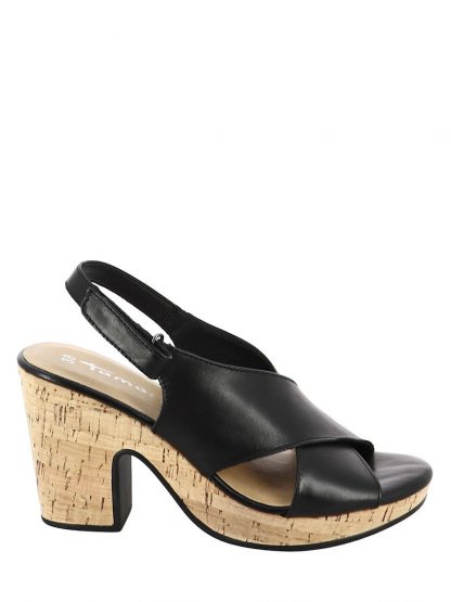 Tamaris sandal med korksåle – Tamaris Sandal i sort skinn med korkhæl – Mio Trend