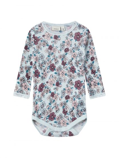 Name It merinoull body – Ull blå ullbody med blomster baby Wang – Mio Trend
