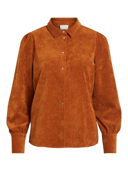 Vila skjorte babycord, bruk skjorte med gullknapper.  – Vila brun babycord skjorte – Mio Trend
