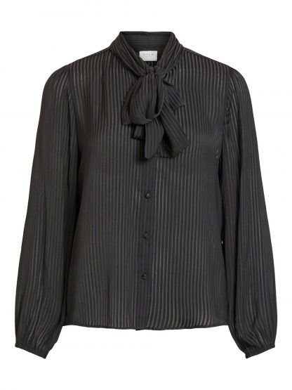 Vila sort bluse – Vila sort bluse med knyting i halsen – Mio Trend