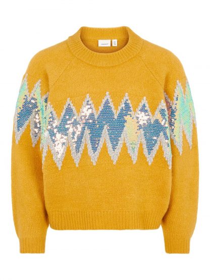 Gul genser jente, genser fra Name It.  – Name It gul genser med paljetter Rubie – Mio Trend