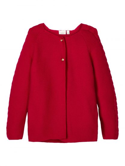 Rød jakke barn, cardigan til jente fra Name It.  – Penklær til jul rød strikket cardigan Risol – Mio Trend