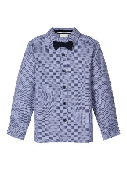 Blå penskjorte barn, skjorte fra Name It.  – Skjorter og vester mørke blå penskorte med sløyfe  – Mio Trend