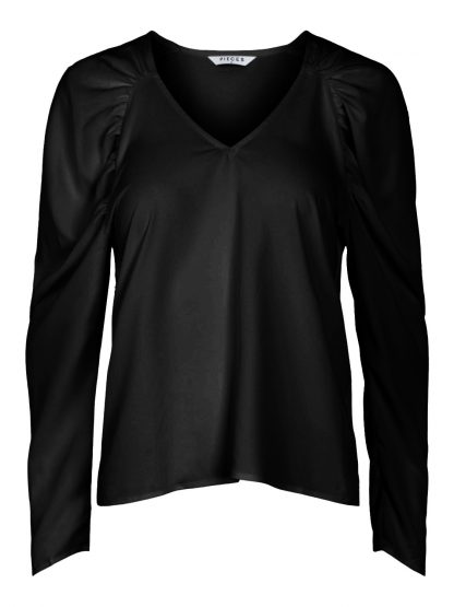 Bluse puffermer svart – Pieces sort  bluse med puffermer Yrinna – Mio Trend