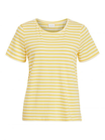 Gul og hvit t-skjorte – Vila gul stripete t-skjorte Visus – Mio Trend