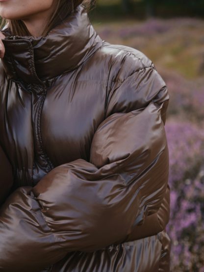Rhea Shiny Pufffer Jacket Dark Brown - Image 4