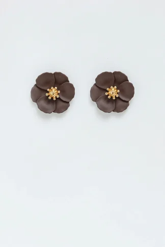 Flower small earrings dark brown