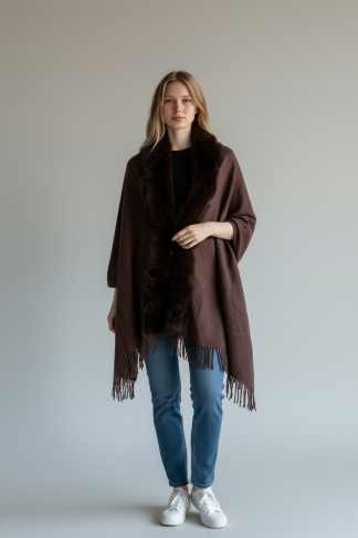 Skjerf/cape m pelskant Brun