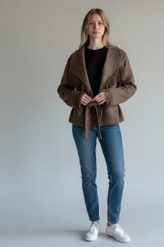 Ulljakke med frynser Dark Brown