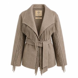 Ulljakke med frynser Khaki/Beige