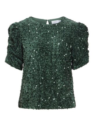 Vibelieve O-Neck Puff Sequins Top/1/ka
